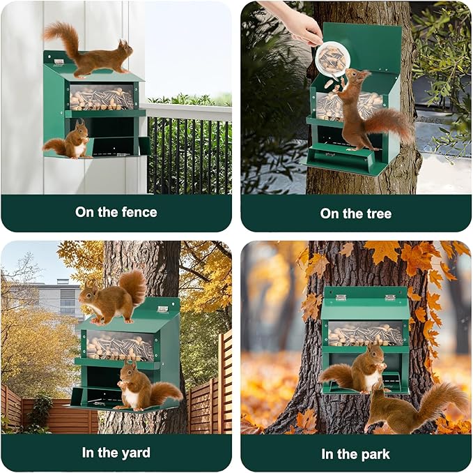 Squirrel Feeder, Metal Squirrel Feeder for Outside,Outdoors Chipmunk &Squirrel Picnic Bench Feeders Table,Stronger Than Wooden Structure,Easy to Install & Refill