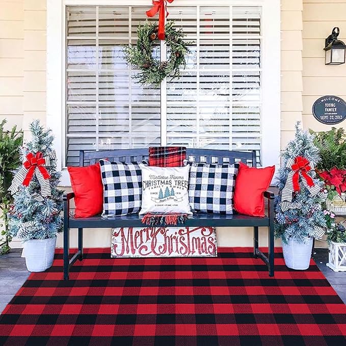 Christmas Outdoor Mat Buffalo Plaid Christmas Decor Rug Cotton Hand-Woven Layered Door Mats Washable Carpet for Front Porch, Kitchen, Farmhouse, Entryway