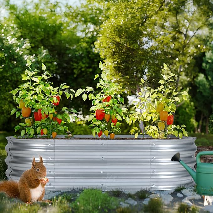 Aoodor Galvanized Raised Garden Bed Kit, 4 x 2 x 1 Ft Oval Planter Box for Vegetables, Flowers, Herbs, Outdoor Use, Silver