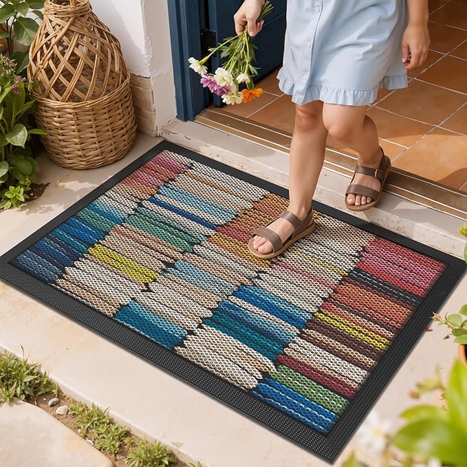 LUMI Outside Door Mat 17x30, Non Slip Rubber Backing Doormat, Low Profile Easy Clean Entrance Mats for Front Back Door Entryway Porch Garage, Colored Cloth