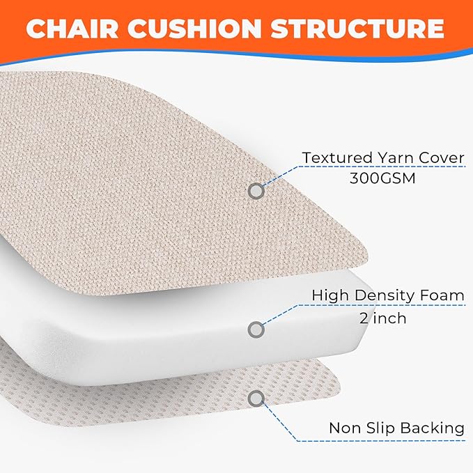 Chair Cushions for Dining Chairs, D-Shaped Seat Cushions with Removable Washable Cover and Ties, Chair Pads for Kitchen, Indoor Dining Room, Patio Chairs, 17'' x 16'', Set of 6, Beige