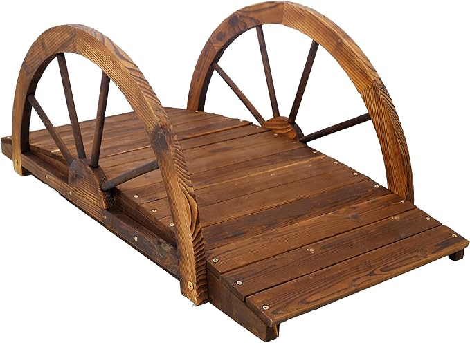 3.3 FT Wooden Garden Bridge - Stained Wood Arc Footbridge with Half-Wheel Style Railings | Outdoor Fir Construction Decorative Bridge Walkway for Backyard, Gravel Road, Creek, Farm