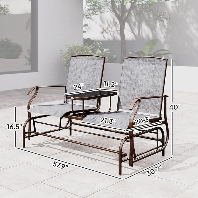 Outsunny Outdoor Glider Bench with Center Table, Metal Frame Patio Loveseat with Breathable Mesh Fabric and Armrests for Backyard Garden Porch, Gray