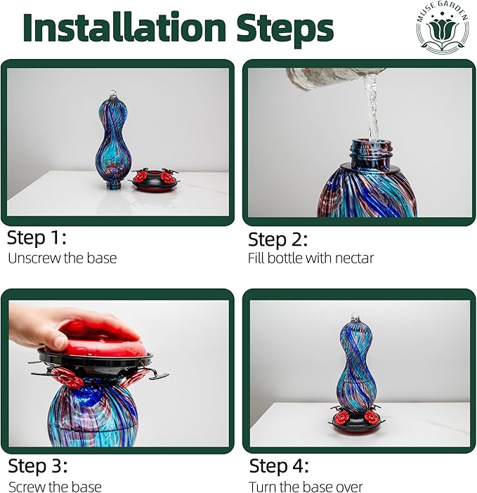 Hummingbird Feeder for Outdoors Hanging, Hand Blown Glass 24 OZ Capacity Hummingbird Bird Nectar Feeders with 4 Feeding Ports, Gifts for Women Mom Outside Garden Backyard Decor