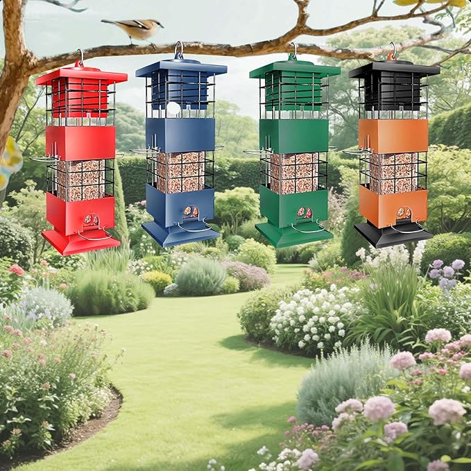 Squirrel Proof Bird Feeders for Outdoors, 3 LBS Large Birdfeeders Outside Hanging, Metal Bird Feeder with 4 Feeding Ports, Weight Activated Backyard Wild Bird Feeders for Finch, Cardinal, Bluebird