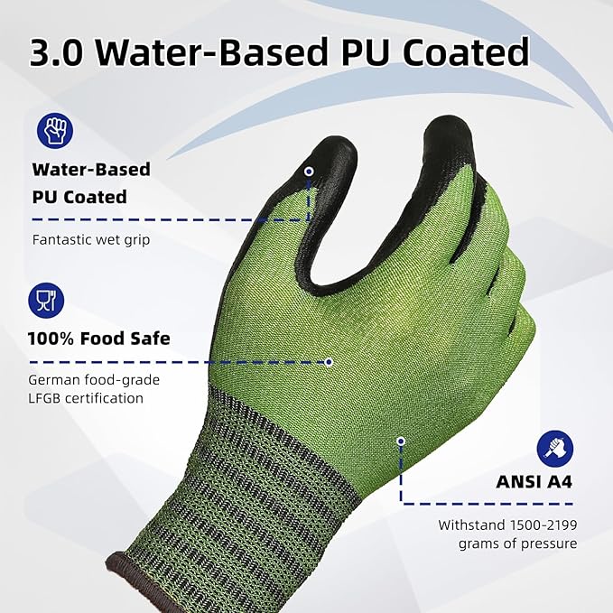 Schwer 6 Pairs A4 AIR-SKIN Cut Resistant Work Gloves AR5907 with Extreme Lightweight & Thin, Food Grade Gloves with Water-Based PU Coating, Grip Glove for Fishing, Gardening, Touchscreen, L