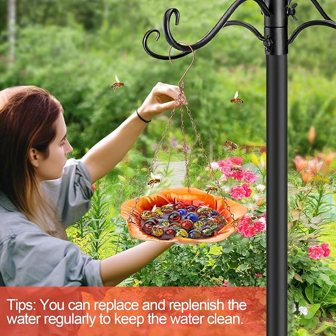 Bee Feeder with Vivid Hibiscus Design - Anti-Rust Iron Bee Watering Station for Feeding, Colorful Butterfly Bath Bowl Bee Cups with 30 Glass Marbles for Outdoor Yard Garden Decor Gifts (Orange)