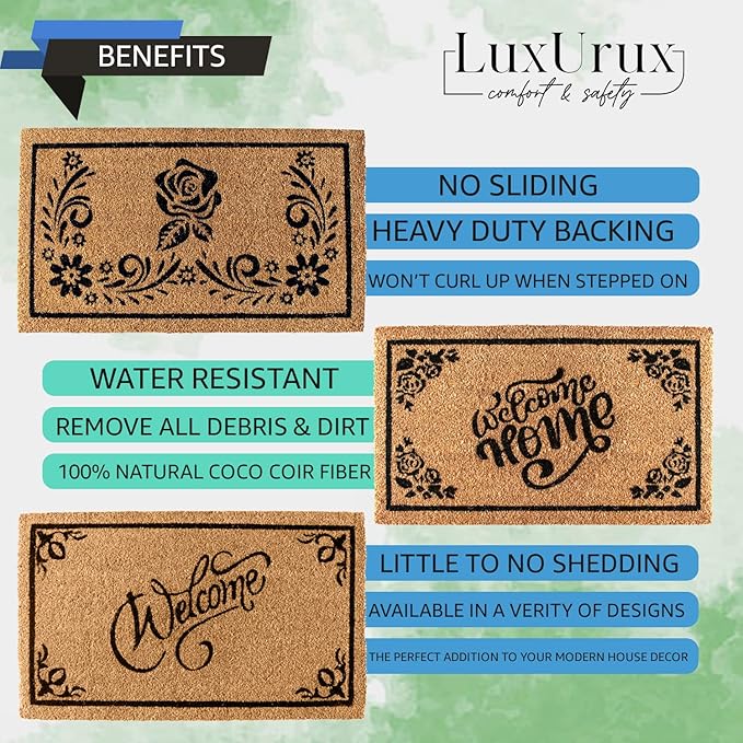 LuxUrux Welcome Mat Outdoor Coco Coir Doormat, with Heavy-Duty PVC Backing - Natural - Perfect Color/Sizing for Outdoor/Indoor uses. (17 x 36 inch, Welcome)