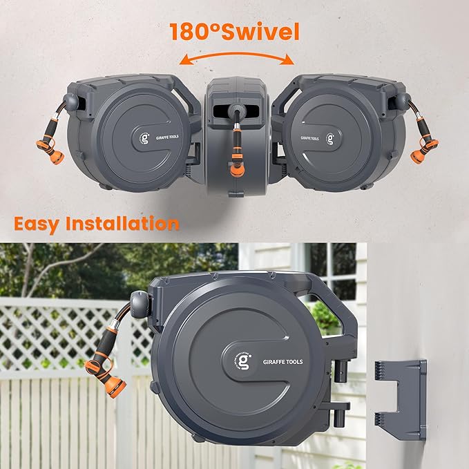 Giraffe Tools AW30 Wall Mounted 1/2" x 100 ft Garden Hose Reel, Retractable Water Hose Reel, Automatic Rewind & Lock at Any Length