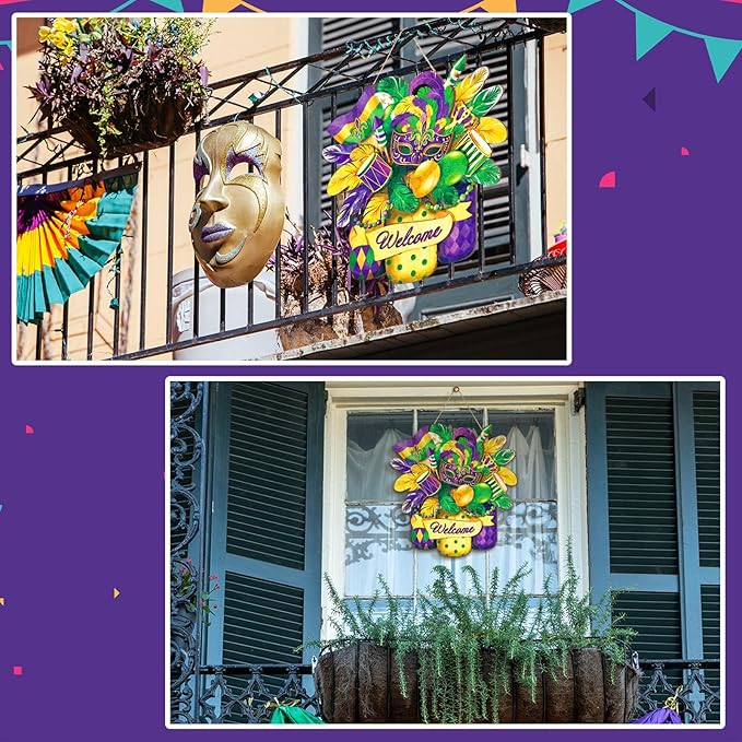 Boao Welcome Mardi Gras Door Decorations Mardi Gras Sign Hanging Decoration wall Hanger Masquerade Carnival Wreath for Outdoor Farmhouse Porch Front Door Decor