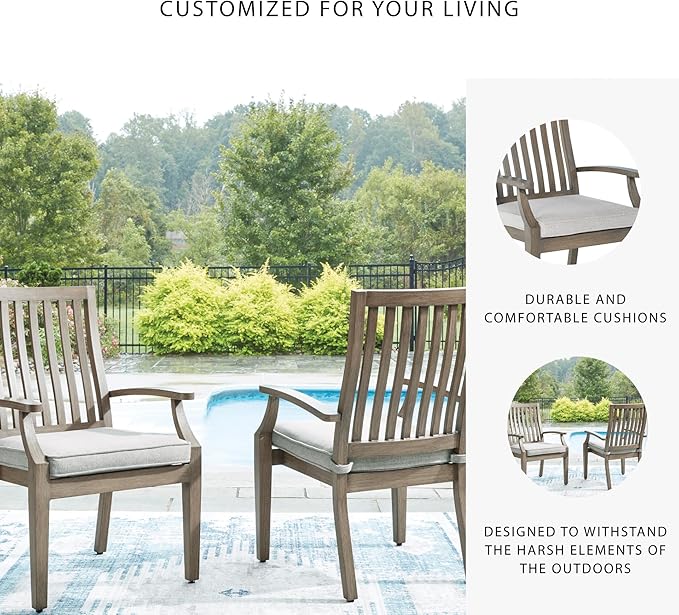 Signature Design by Ashley Rainier Ranch Contemporary Rust Resistant Aluminum High Back Outdoor Arm Chair with Loose Seat Cushion, Set of 2, Nuvella Weather Resistant Fabric, Light Brown & Beige