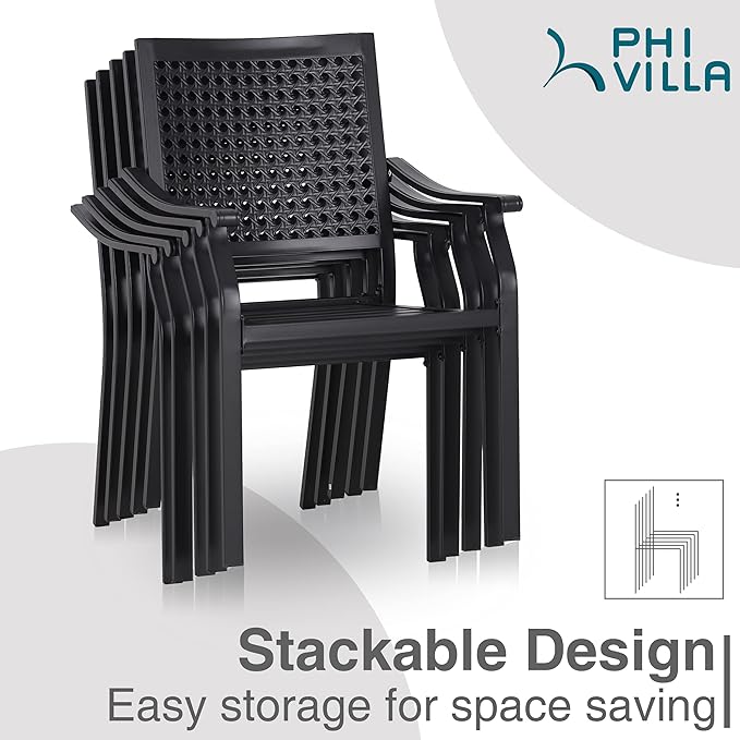 PHI VILLA 5 Pieces Outdoor Dining Set for 4, Stackable Chairs with Cushions & 37" Square Patio Wood-Like Table with Umbrella Hole, Modern Furniture Set for Deck, Patio,Yard,Porch