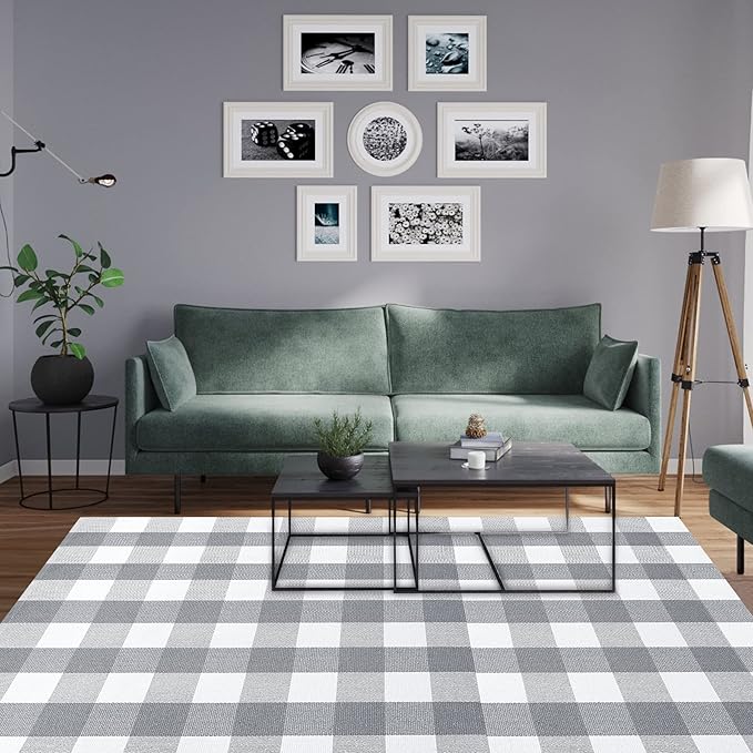 MUBIN Cotton Buffalo Plaid Rug, 4'x 6' Grey and White Outdoor Rug Front Door Decorative Mat, Hand-Woven Foldable Rug for Layered Door Mats Washable Carpet for Front Porch, Entryway, Farmhouse