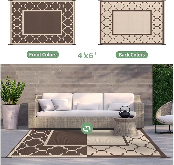 GENIMO 4 ' x 6 ' Outdoor Rug for Patio Clearance, Waterproof Indoor Outdoor Plastic Straw Rugs Carpet, Reversible Outside Area Rv Mat for Camping, Balcony Porch, Deck, Picnic, Beach (Coffee & Beige)