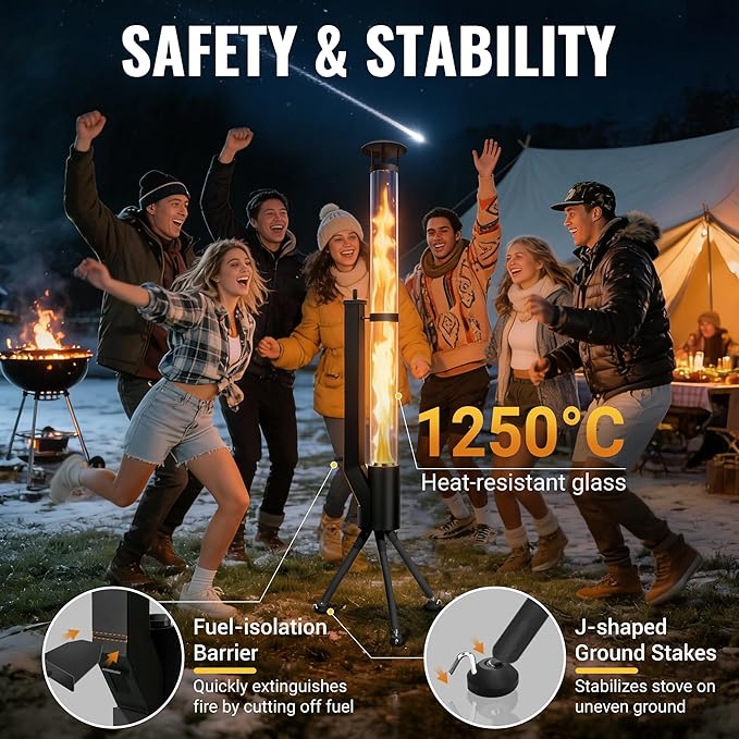 63" Wood Pellet Stove Outdoor Fire Pit with Safe-Guard Kit (Glove, Cover, Ground Stakes), Smokeless Spiral Flame Patio Heater with Quick-Extinguish Barrier for Backyard, Garden, Patio, Bonfire