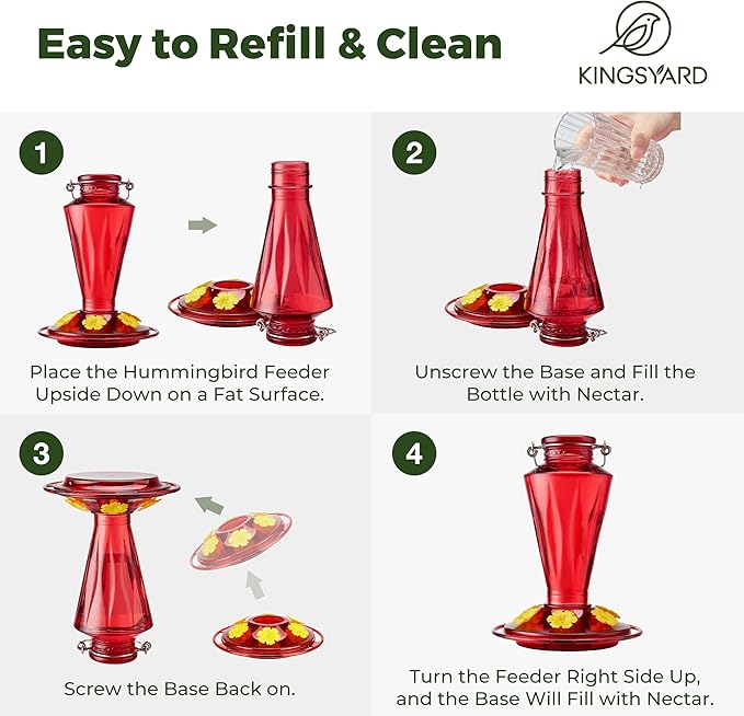 Kingsyard Glass Hummingbird Feeders for Outdoors Hanging Ant & Bee Proof, 16 Ounces Bird Nectar Feeder 6 Flower Feeding Ports, Leak Proof, Easy to Refill & Clean, Ant Moat Included, Red