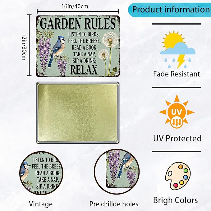 Garden Rules Tin Sign Vintage Metal Plaque for Patio Porch Yard She Shed Home Outdoor Wall Decor 16x12 Inch