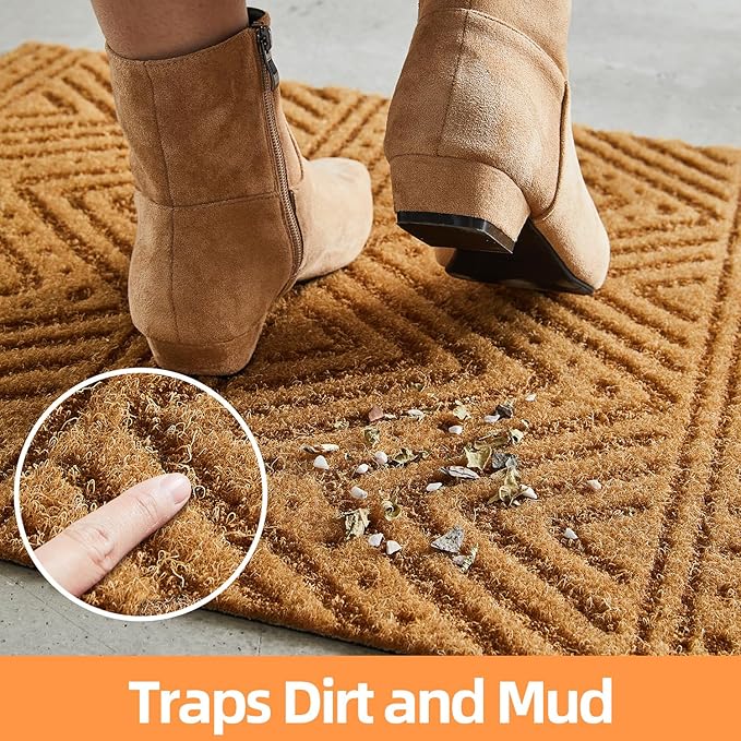 Front Door Mat Indoor Outside Entrance, Heavy Duty Dirt Trapper Coir Doormat with Non Slip Backing Entryway Rug for Front Back Door, 17x30, Brown