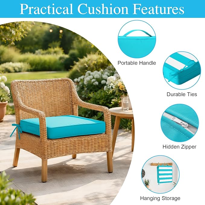 Amagenix Outdoor Chair Cushions Set of 2, 21"x21"x3" Waterproof Outdoor Seat Cushions for Patio Furniture, Stripe Reversible Patio Cushions with Ties & Handle & Hidden Zipper, Fade-Resistant,Teal