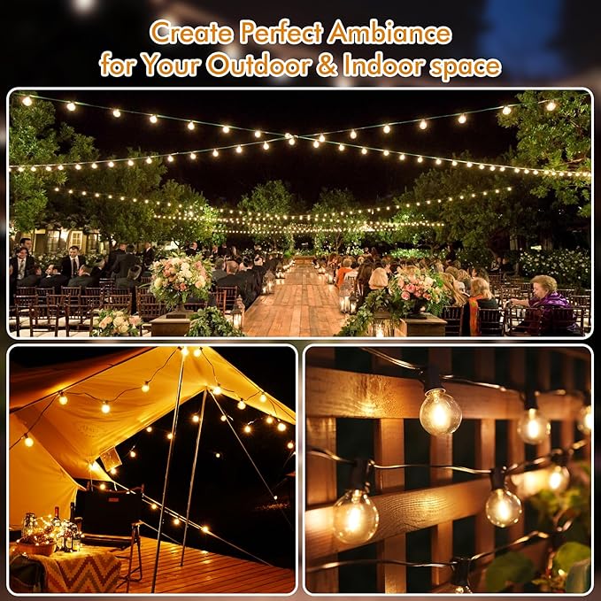 Solar String Lights Outdoor 50ft - 18+1 Shatterproof & Waterproof G40 LED Bulbs, Remote Control w/ 4 Dimming,3 Light Modes & Timer, Waterproof IP65 for Patio, Garden, Camping, Party, Christmas Décor