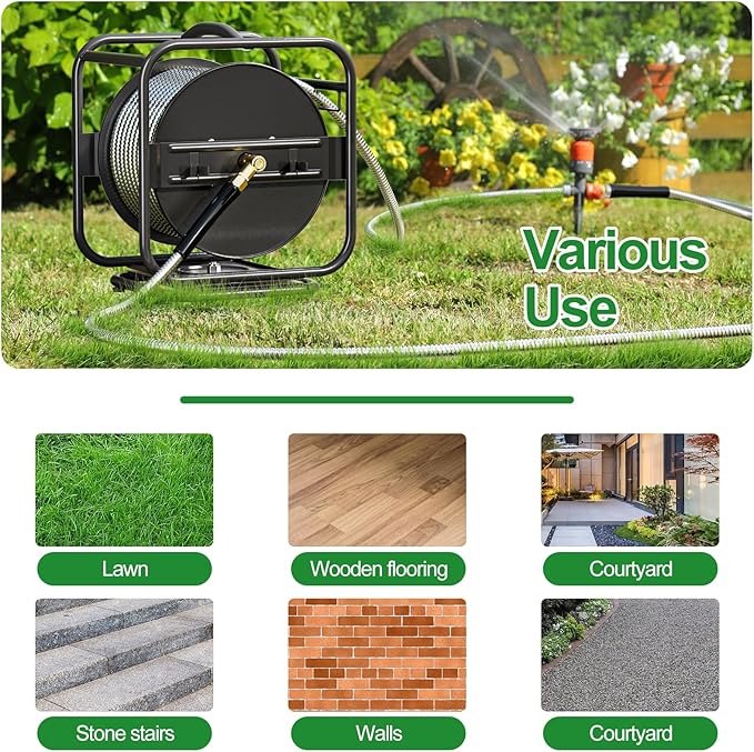 SPECILITE Heavy Duty Metal Garden Hose Reel With 100 Ft 304 Stainless Steel & Aluminum Nozzle, Wall Mount/Floor Water Pipe Spool, 360° Rotation Frame, Winder Combo, Black