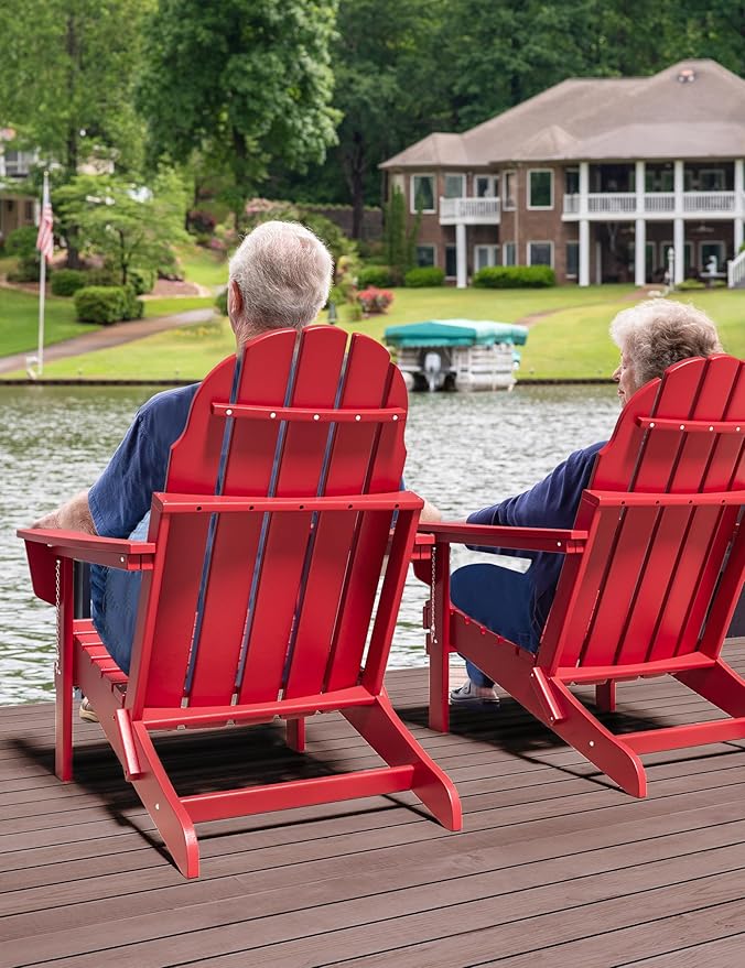 Folding Adirondack Chair - Durable HDPE Poly Lumber All-Weather Resistant, Foldable Oversized Balcony Porch Patio Outdoor Chair for Lawn, Backyard, Deck, Garden, Camping - Easy Installation, Red
