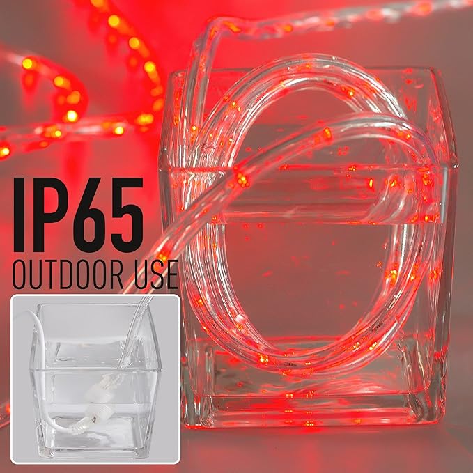 Waterproof LED Rope Lights, Connectable & Flexible with 8 Modes, Outdoor Lighting for Deck, Garden, Pool, Patio & Christmas Decor Transparent Tube (Red, 50ft)