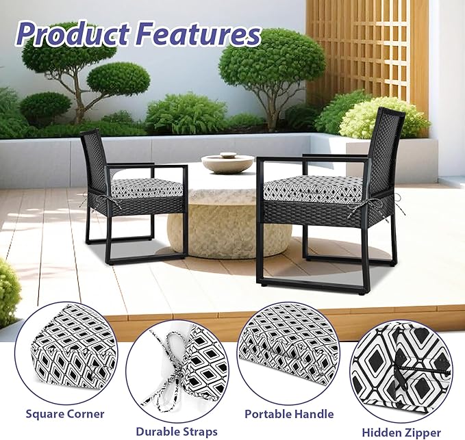 Outdoor Chair Cushions Set of 4,Waterproof Outdoor Seat Cushions for Patio Furniture,Patio Chair Cushion with Handle and Ties, Out Door Chair Pads,19" x 19" x 3", Black Geometry