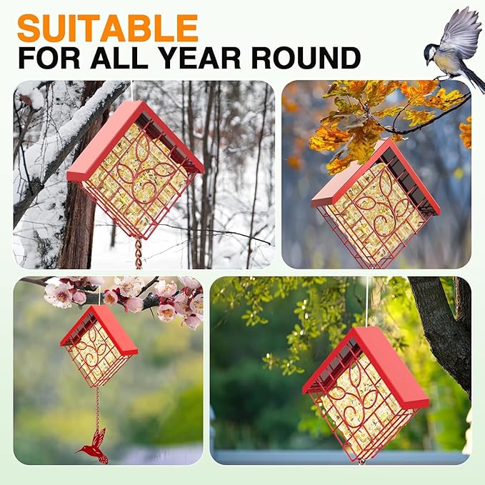 Suet Bird Feeder, Metal Suet Feeder for Outside Hanging, Single Suet Cake Capacity, Fruit and Suet Feeder Style for Outside Hanging(Red)