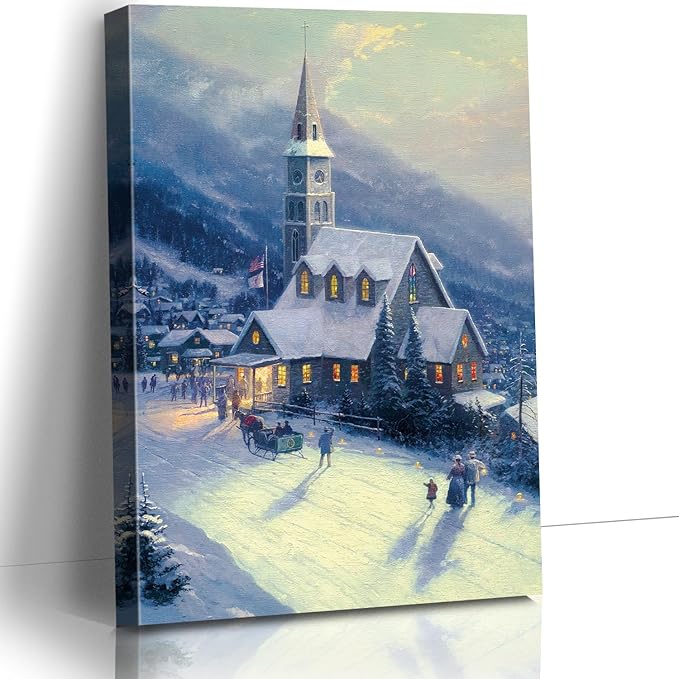 STUDIO HAVEN Thomas Kinkade Canvas Wall Art, Snow-Covered Church Winter Mountain Scene Warm Glowing Windows Oil Painting Poster Festive Wall Decor, Framed Prints for Home Decor, 28x40Inch