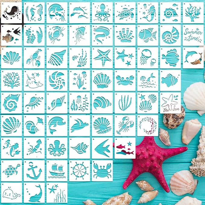 Sea Life Stencils for Kids, 64PCS 3x3 Plastic Reusable Art Stencils for Crafts, Drawing Templates for Wall Wood Fabric Canvas, Lovely & Creative Gift for Family