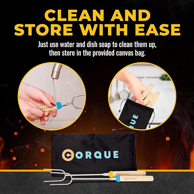 CORQUE Marshmallow Roasting Sticks, Smores Sticks, Extendable, Camping Skewer for Fire Pit, Wooden Handle, 34 inch Metal for BBQ Hotdog, Cooking, Campfires, Bonfires, Set of 10 [New Model]