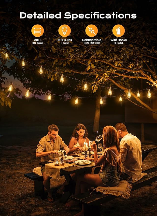 Brightown Outdoor String Lights, 30FT 15+1 LED ST38 LED Patio Lights Shatterproof, Dimmable IP65 Waterproof Connectable Hanging Outdoor Light for Backyard, Porch, Deck, Balcony