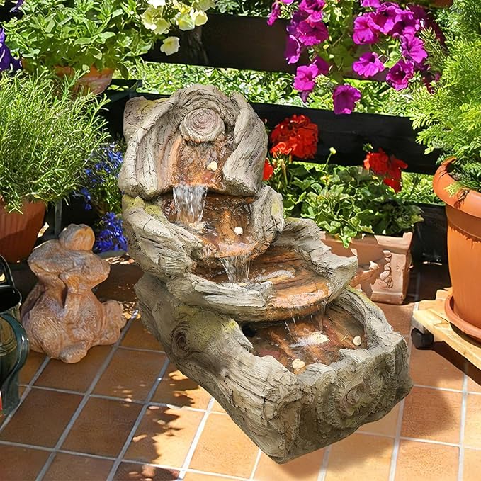 31.5" L Outdoor Water Fountain with 3 Tiers Cascading Realistic Tree Trunk Waterfall Fountains with LED Lights Outdoor Water Fountain for Garden Patio Backyard Porch Home Decor