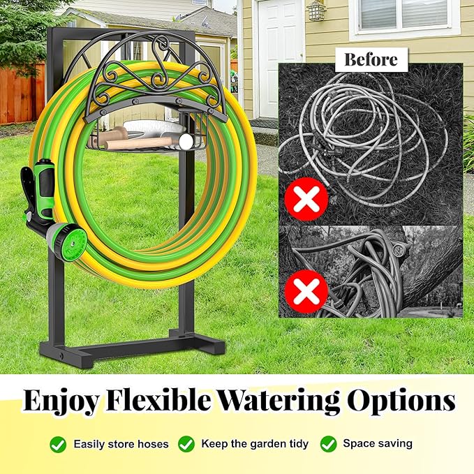 Garden Hose Holder,Heavy Duty Freestanding Detachable Storage Reel Stand,Upgraded 4 Spikes Hose Hanger for Outside Yard Lawn (Floral with Storage Basket)