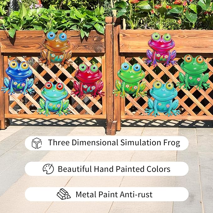 Junware Metal Frog Wall Decor, 8 Pcs Frogs Wall Art Sculptures Hanging Sculpture Decoration, Outdoor Fence Arts for Home Garden, Fence, Patio, Yard, Bedroom Outside Gifts for Adults