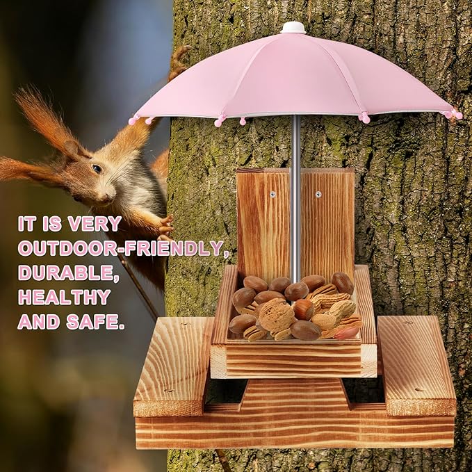 Gnodary Squirrel Feeder with Umbrella, Squirrel Feeders for Outside, Squirrel Picnic Table Feeder - Chipmunk Feeder Hold Corn, Corn Cob, Peanuts Style2 (Pink)