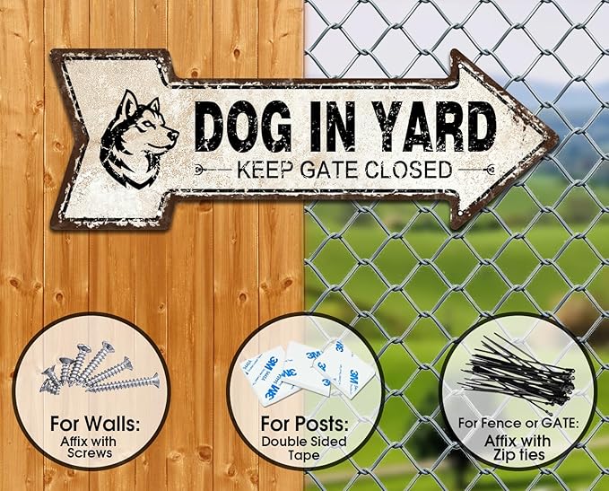 Mukuko Decor Arrow Metal Signs - Dog in Yard Keep Gate Closed Tin Look Background Sign, 6x18 Inches