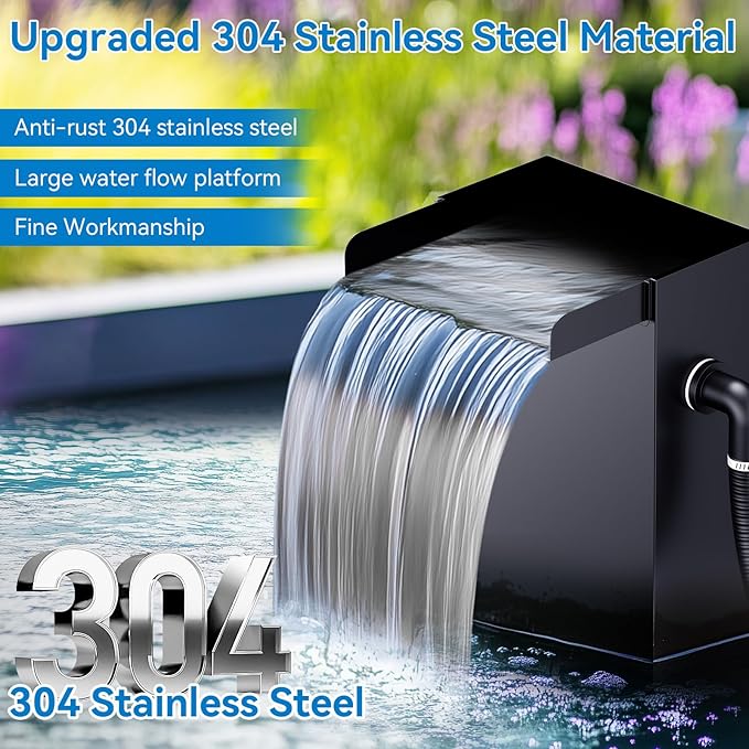 POPOSOAP Pond Waterfall Spillway with Pump Kit, 304 Stainless Steel Waterfall with Filtration & 660GPH Pond Pump & 9.8FT Tubing Outdoor Fountain Kit for Garden,Backyard Decor,13.4" H x 8"W-P432