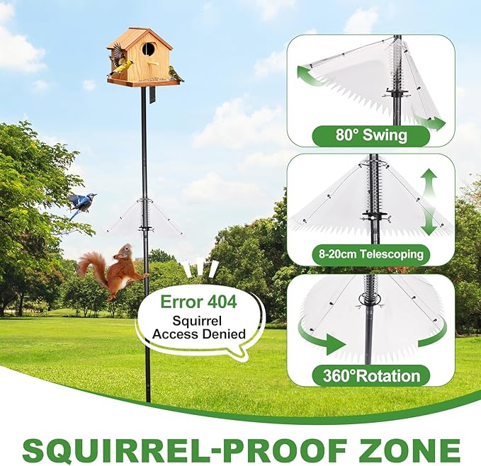Bird Feeder Pole with Squirrel Baffle 92 Inch Bird House Poles Squirrel Proof for Outdoors Heavy Duty Smart Bird Feeding Station with Stainless Steel Spring Adjustable Height Mounting Pole