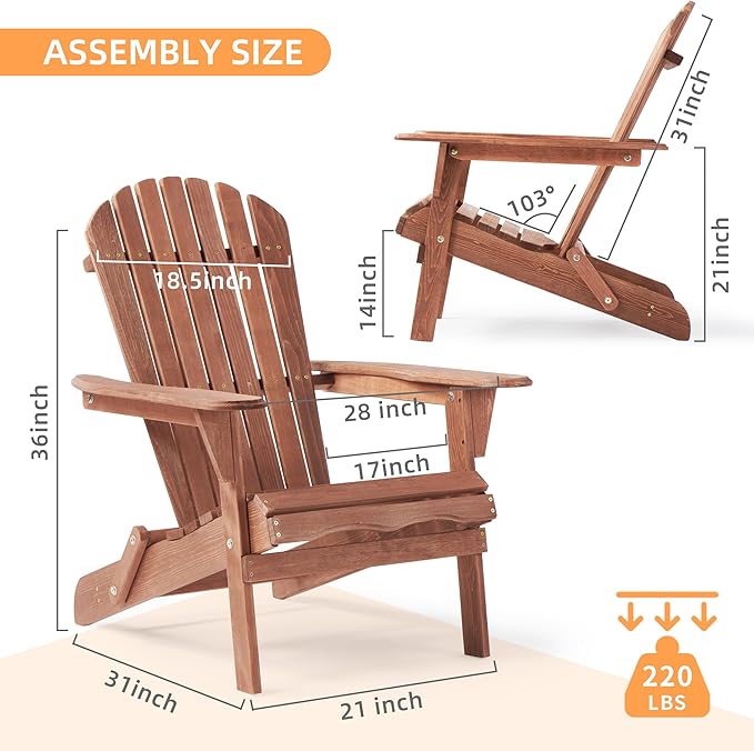 Wooden Folding Adirondack Chair Set of 2, Pre-Assembled BackRest Wood Lounge Chair for Outdoor Patio Garden Lawn Backyard Deck Pool Beach Firepit