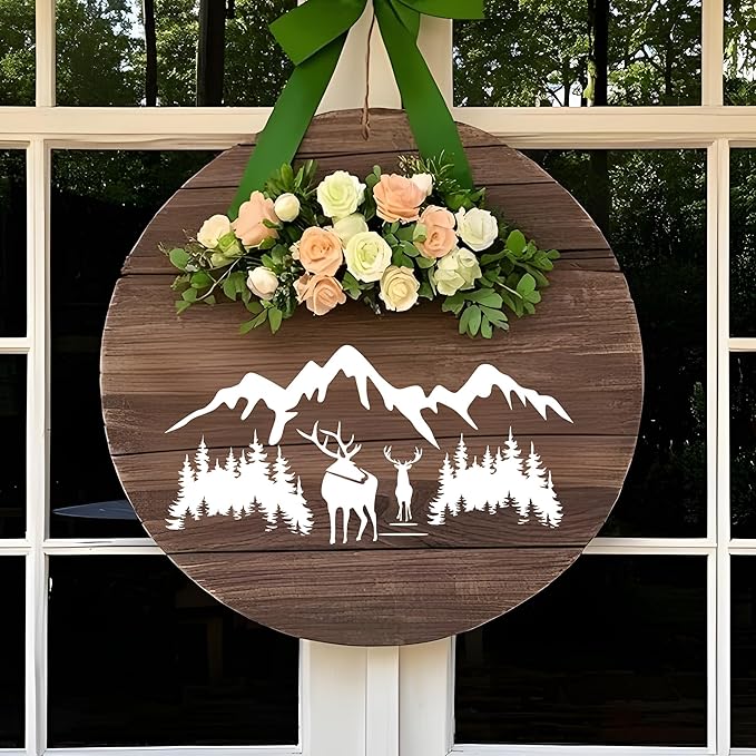 Forest Stencils for Painting on Wood - Reusable Reindeer Mountain Scenery Stencils for Crafts Decorating Wall Fence Door Garden Fabric