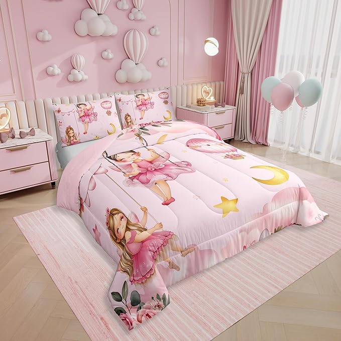 Erosebridal Pink Fairy Twin Bedding Sets for Girls - Butterfly & Floral Comforter Set for Kids Teen, Moon and Stars Flower Bed Set | Cute Fairies Room Decor with 1 Pillowcase