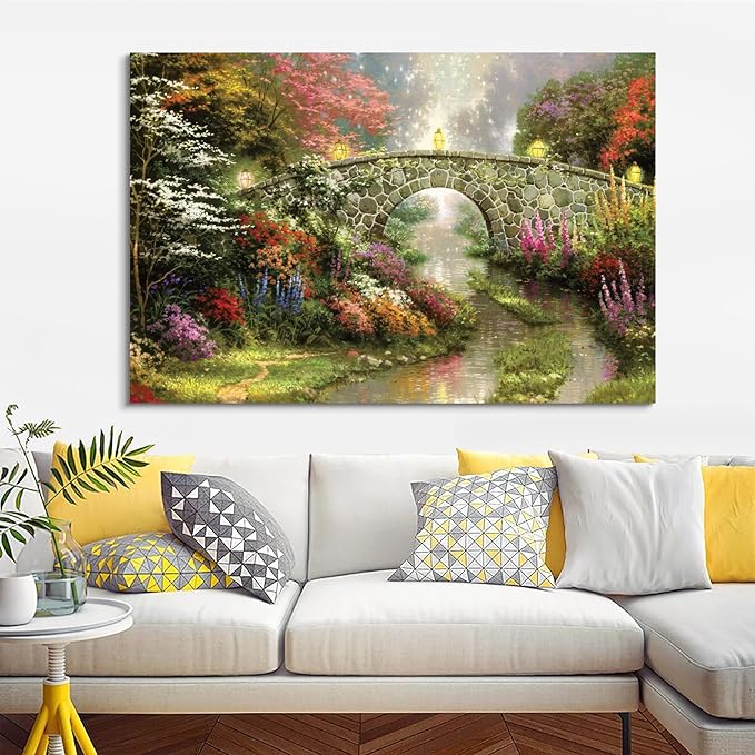 STUDIO HAVEN Thomas Kinkade Canvas Wall Art, Flower Filled Stream Stone Arch Glowing Lanterns Misty Ambiance Oil Painting Poster Rustic Landscape Wall Decor, Framed Prints for Home Decor, 40x28Inch