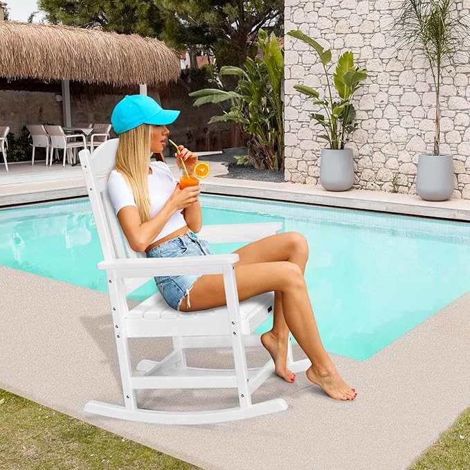 VINGLI Outdoor Rocking Chair Set of 2, HDPE Rocking Chair with Higher Backrest, All Weather Rocker for Garden, Yard, Balcony, White