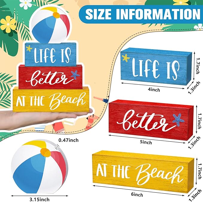 4 Pcs Summer Table Decor Rustic Beach Ball Wooden Signs Life Is Better at The Coastal Tiered Tray Decor Farmhouse Summer Centerpieces for Tabletop Home Office Desk Shelf Pool Party Decorations
