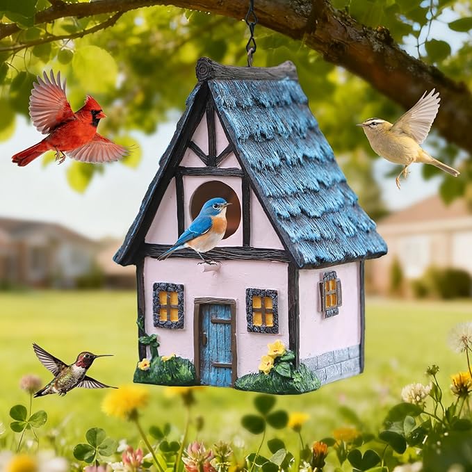 Bird Houses for Outside Pink Cottage Resin Birdhouse, Garden Outdoor Decor Bird House with Flower and Stone Details, Birdhouses for Outdoors for Bluebird Finches Cardinals