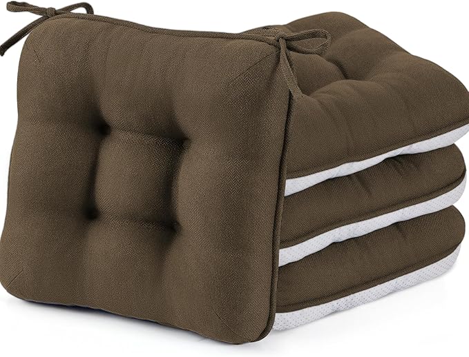 BETU Chair Cushions for Dining Chairs Set of 4,3.5" Thick Kitchen Table Chair Pads with Ties,Non Slip Backing and Covers, Seat Cushion for Dining Room,Bar,Patio Chairs,16"X16"X3.5",Brown