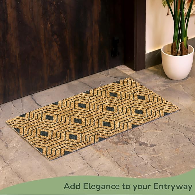 Welcome Doormats, Natural Coco Coir Mats with Non-Slip PVC Backing, Indoor Outdoor Mats for Home & Office, Floor Rugs for Door Decor with Geometric Hexagon Pattern, Orion Blue, 30"x17"