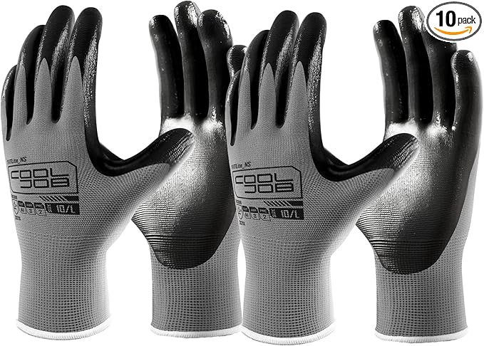 COOLJOB 10 Pairs Nitrile Dipped Safety Work Gloves with Grip, Non-slip Rubber Coated Bulk Garden Gloves for Men, Heavy-duty Oil Resistant for Truck Driver, Warehouse Box Handler, Xlarge, Gray